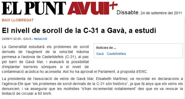 Noticia publicada en el diario EL PUNT AVUI sobre la aprobacin en el Parlamento de Catalunya de una resolucin unnime por el ruido provocado por la autova de Castelldefels (24 de Septiembre de 2011)